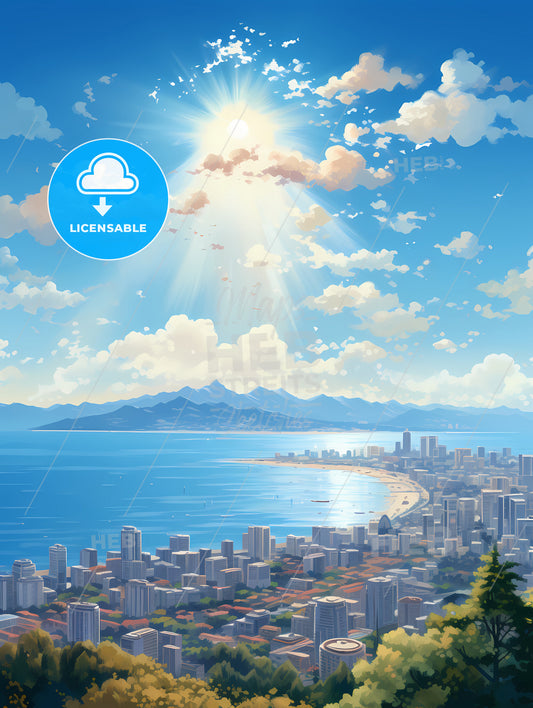 A Cityscape With A Beach And Mountains In The Background