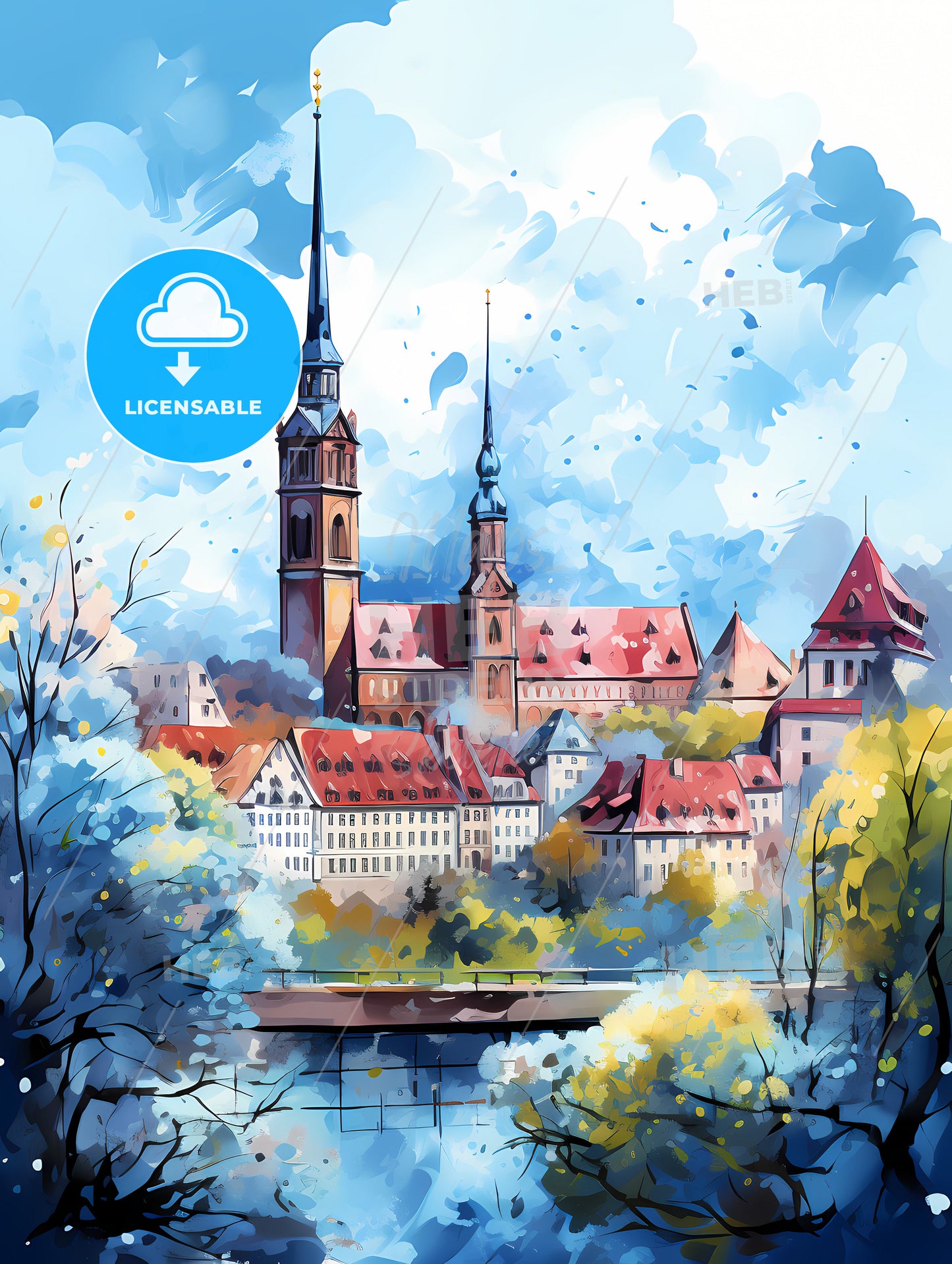 A Painting Of A Town With A Tower And Trees