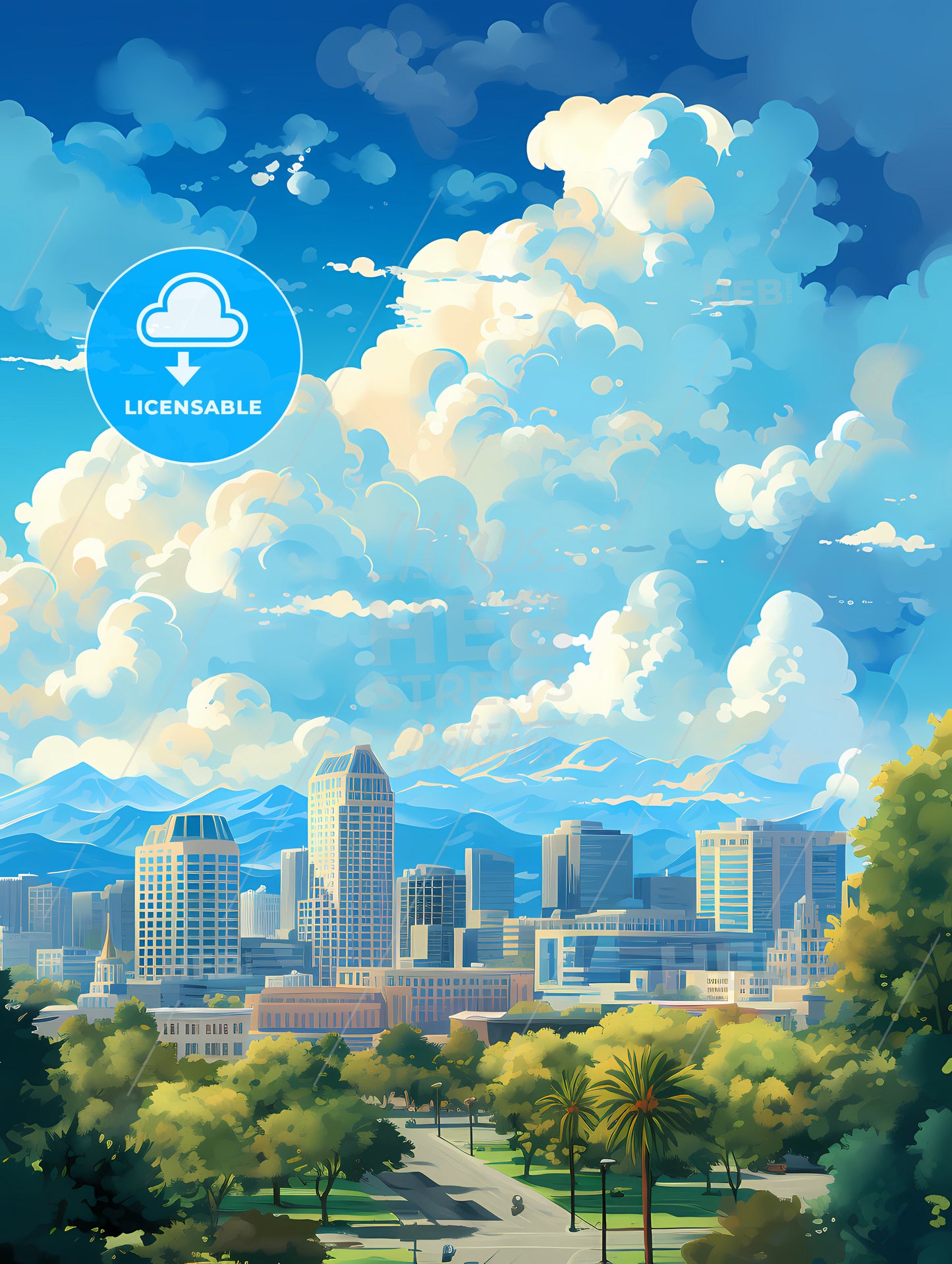 A Cityscape With Trees And Mountains In The Background