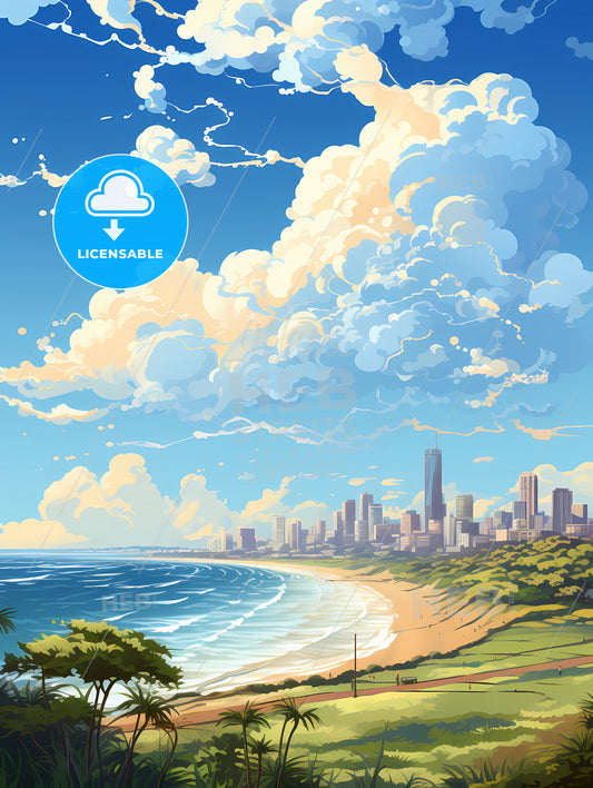 A Beach With A City In The Background