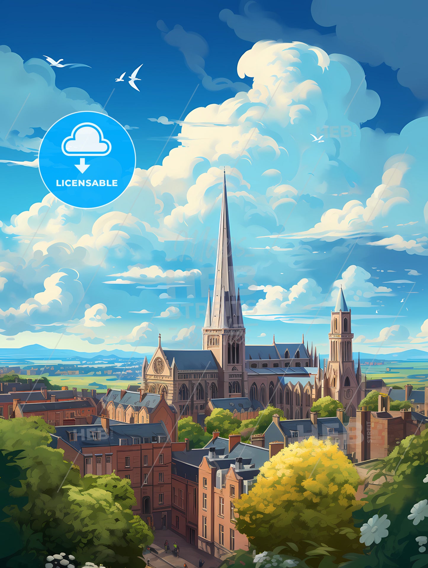 A Church With A Steeple And Trees