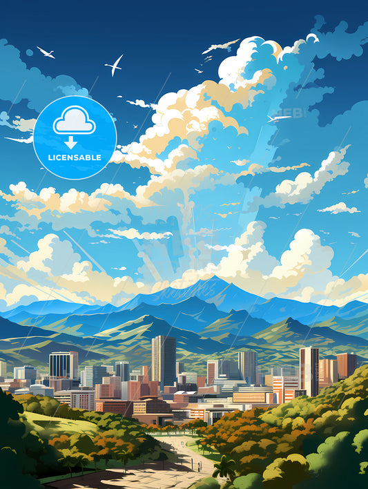 A Landscape Of A City With Mountains And Clouds