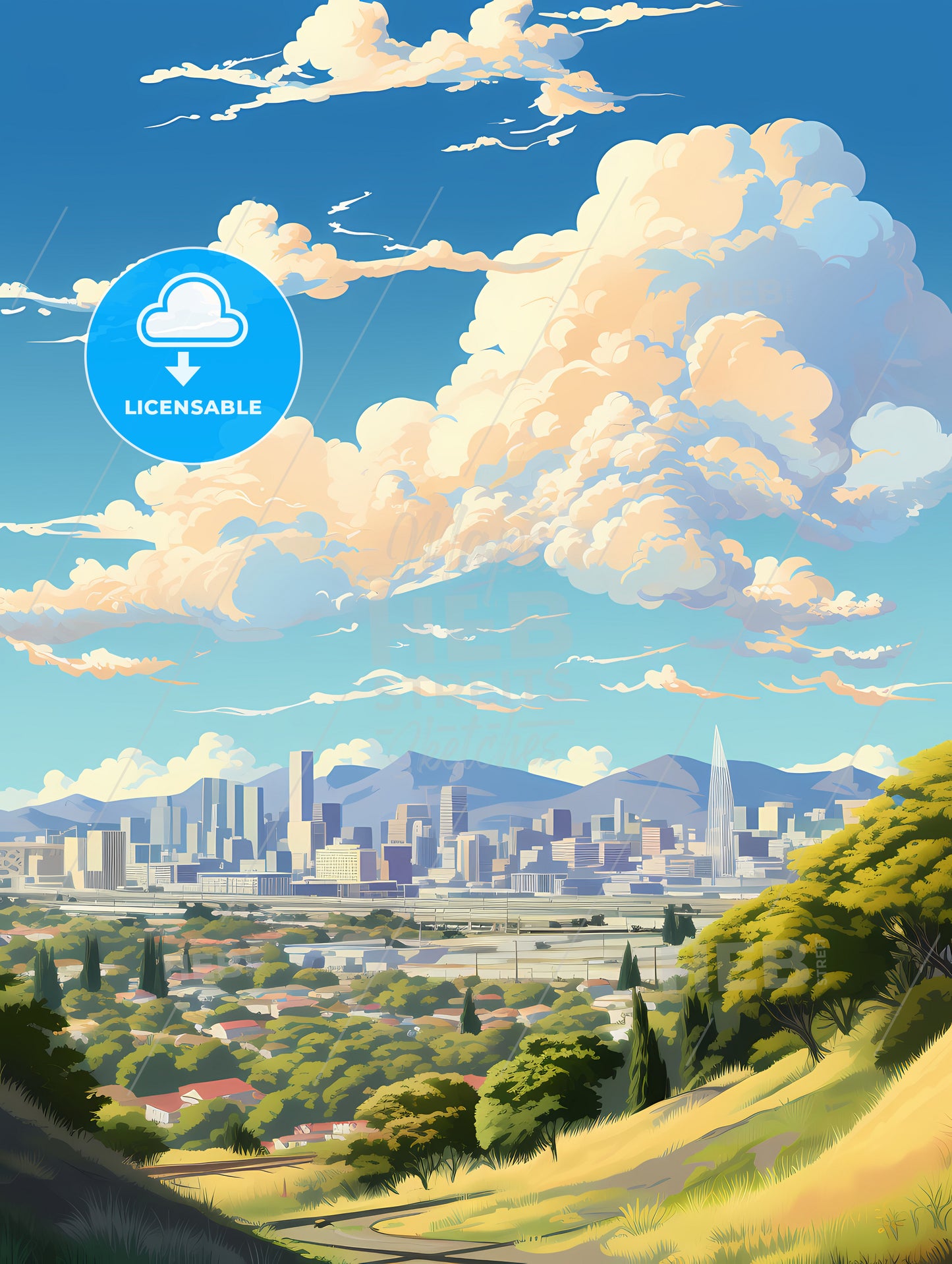 A Landscape Of A City With Trees And Mountains