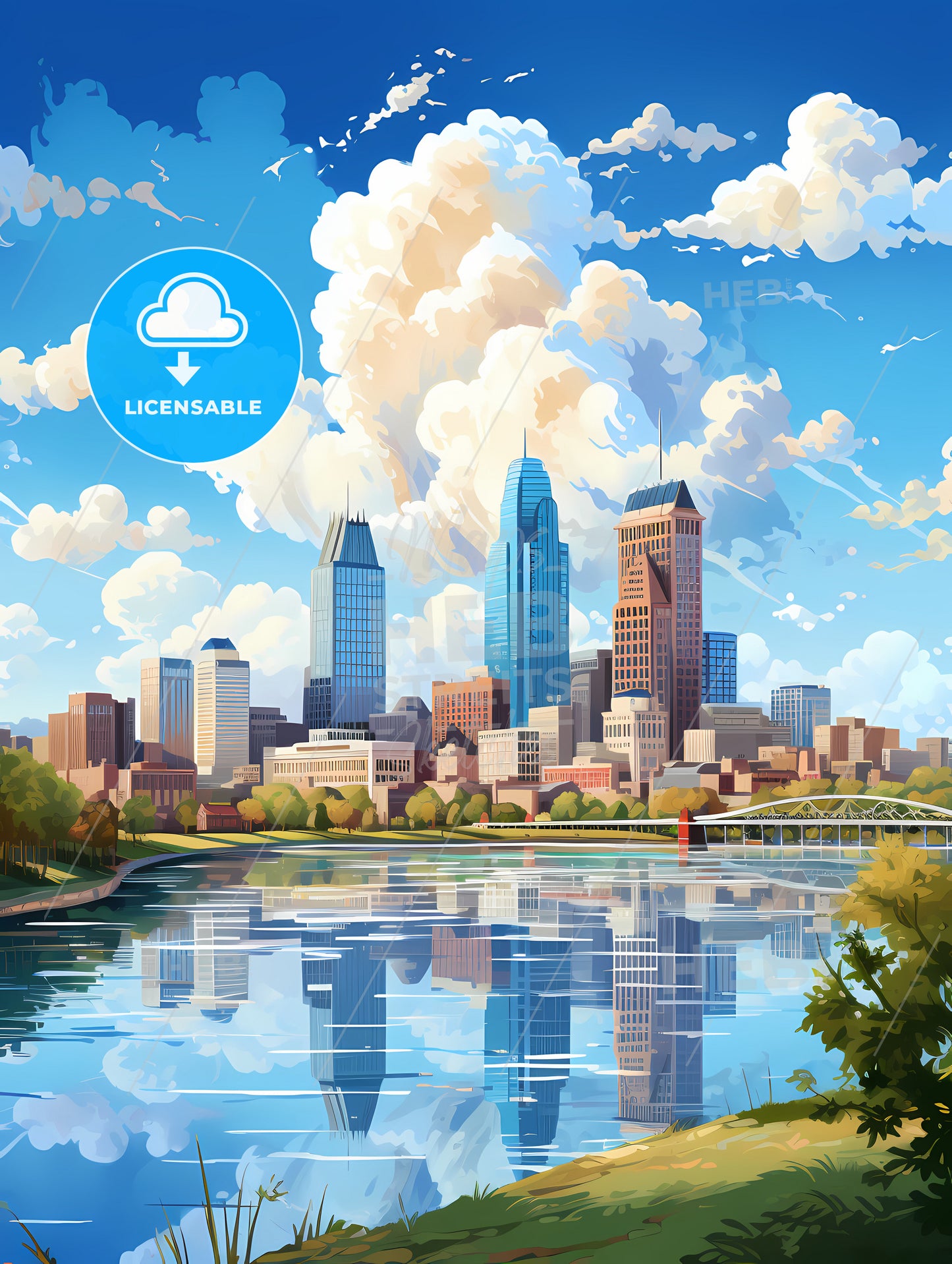 A Cityscape With A Bridge Over A Lake