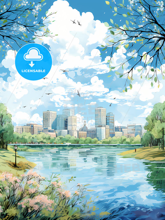 A Water Body With Trees And A City In The Background