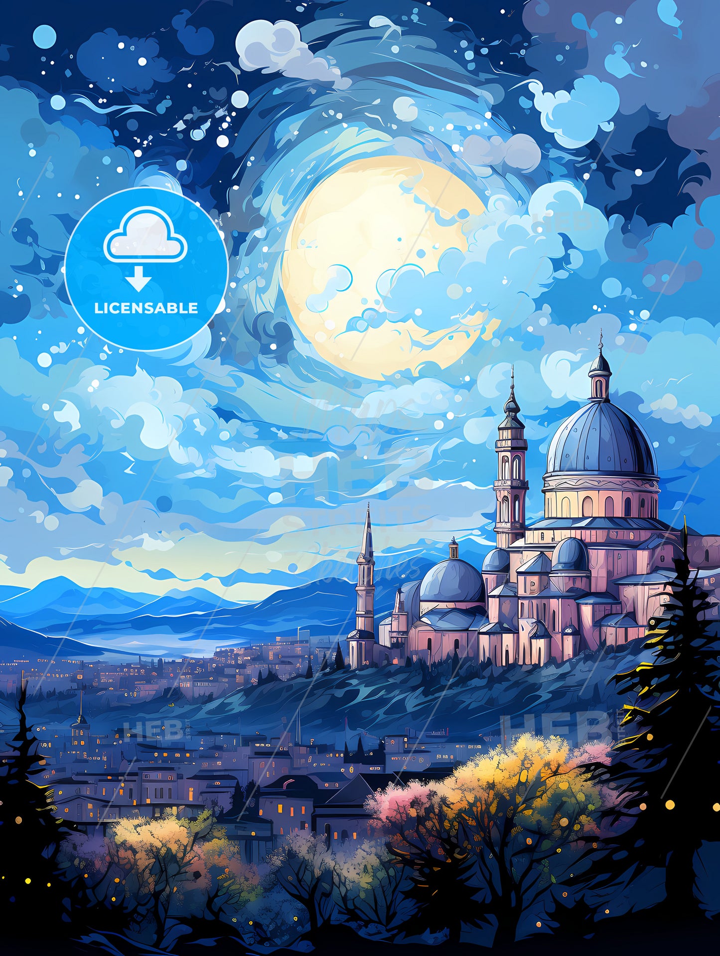 A Large Building With Towers And Domes On A Hill With A Full Moon In The Sky