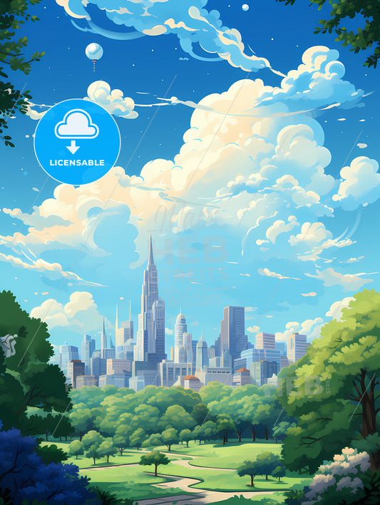 A City Landscape With Trees And Clouds