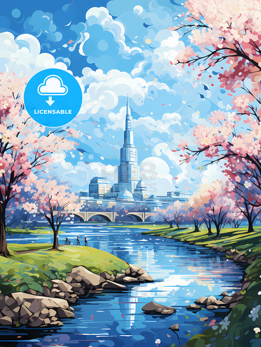 A River With Trees And A Building In The Background