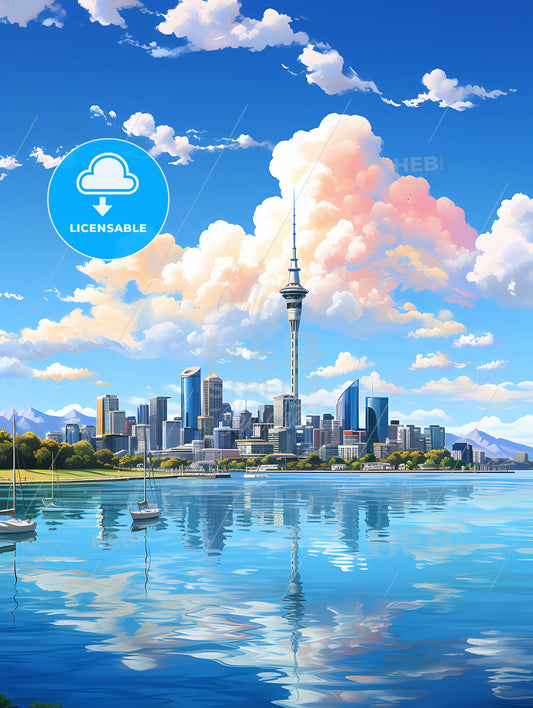 A City Skyline With Boats On Water And Mountains In The Background