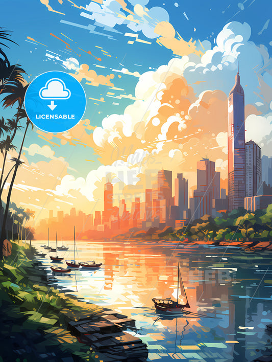 A Water With Boats And A City In The Background