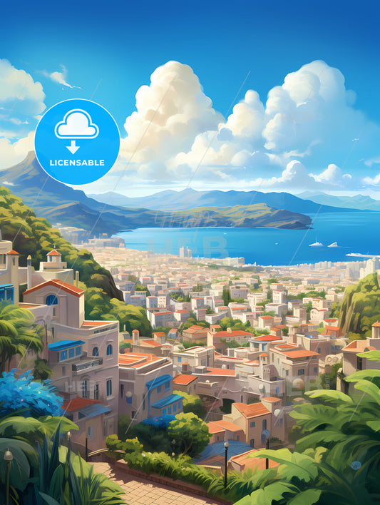 A City With Trees And Mountains In The Background