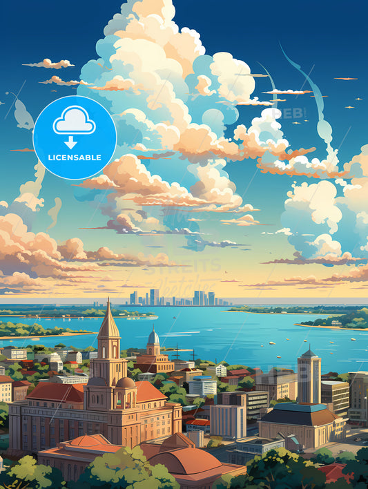 A City With A Body Of Water And Clouds