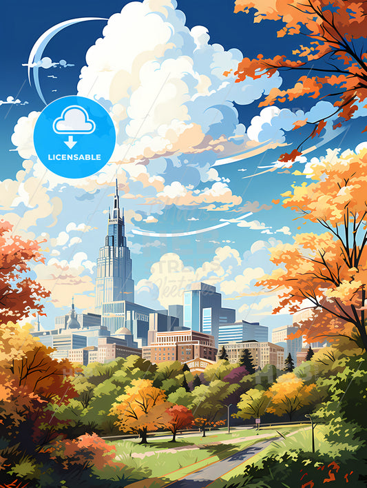 A City Landscape With Trees And Blue Sky