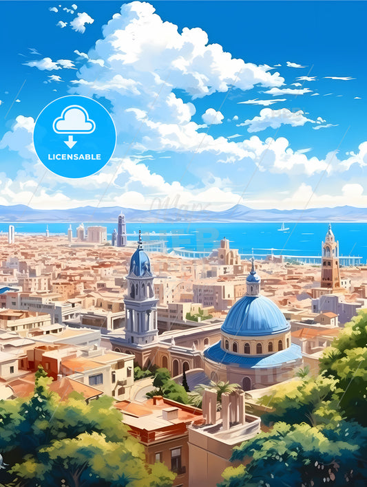 A City With A Blue Dome And Buildings And A Body Of Water