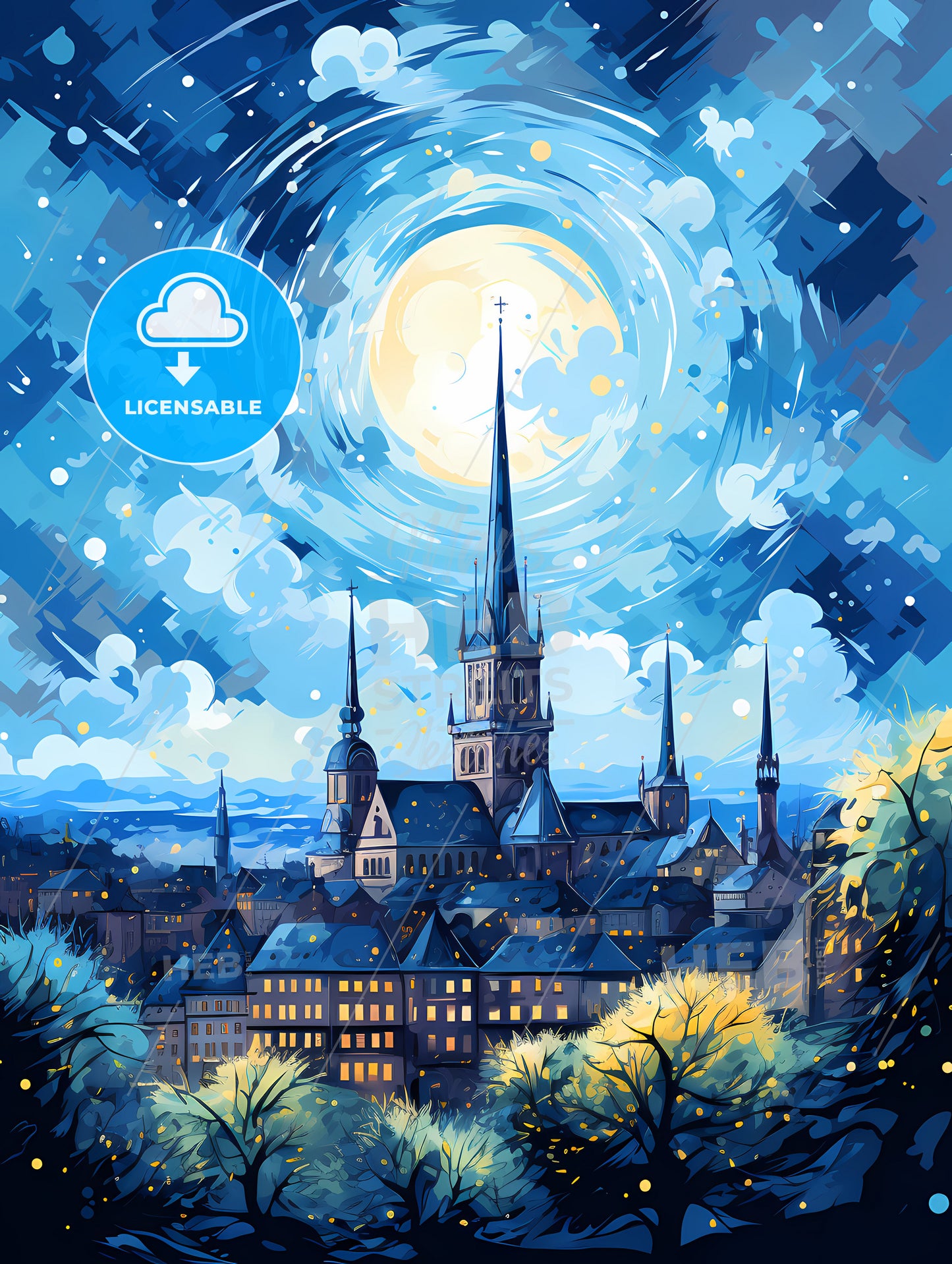 A Building With A Spire And A Moon In The Sky