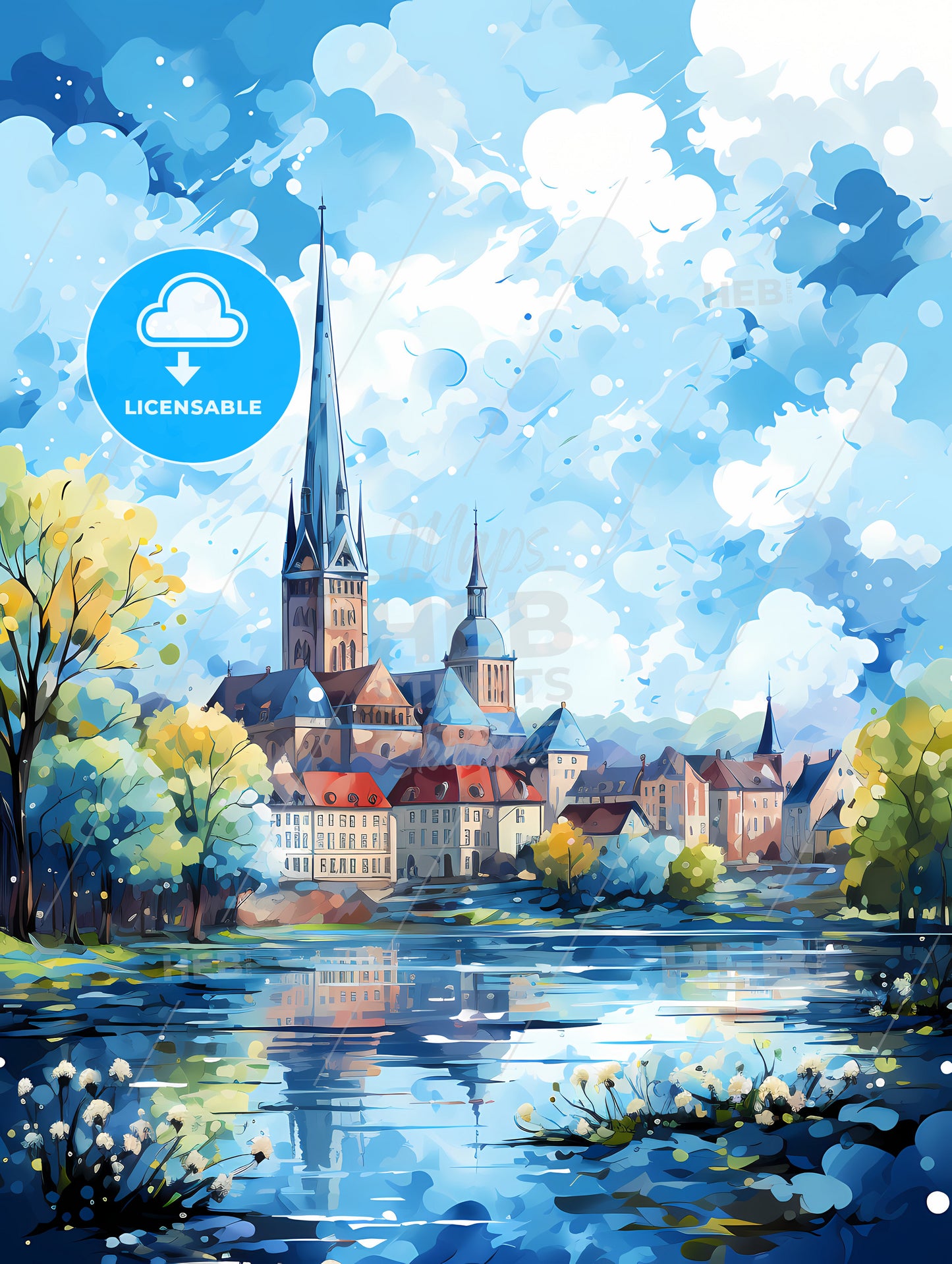 A Watercolor Painting Of A City With A Tall Tower