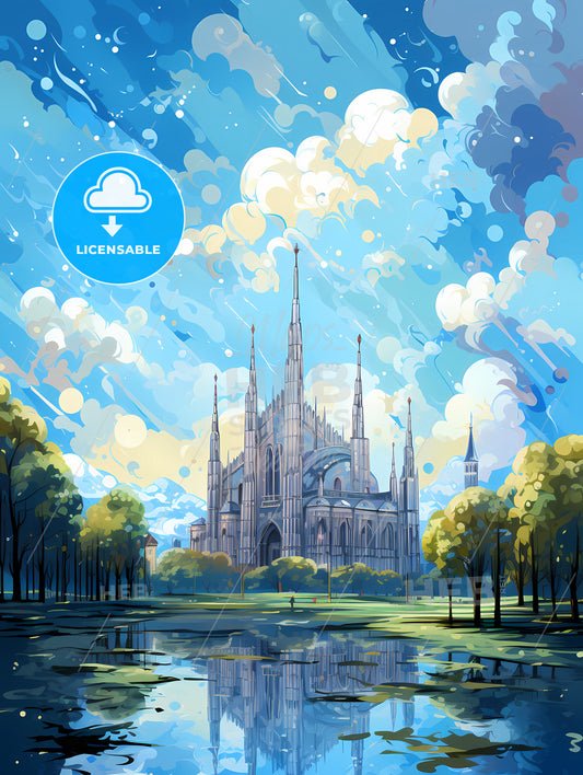 A Painting Of A Castle With Trees And A Pond