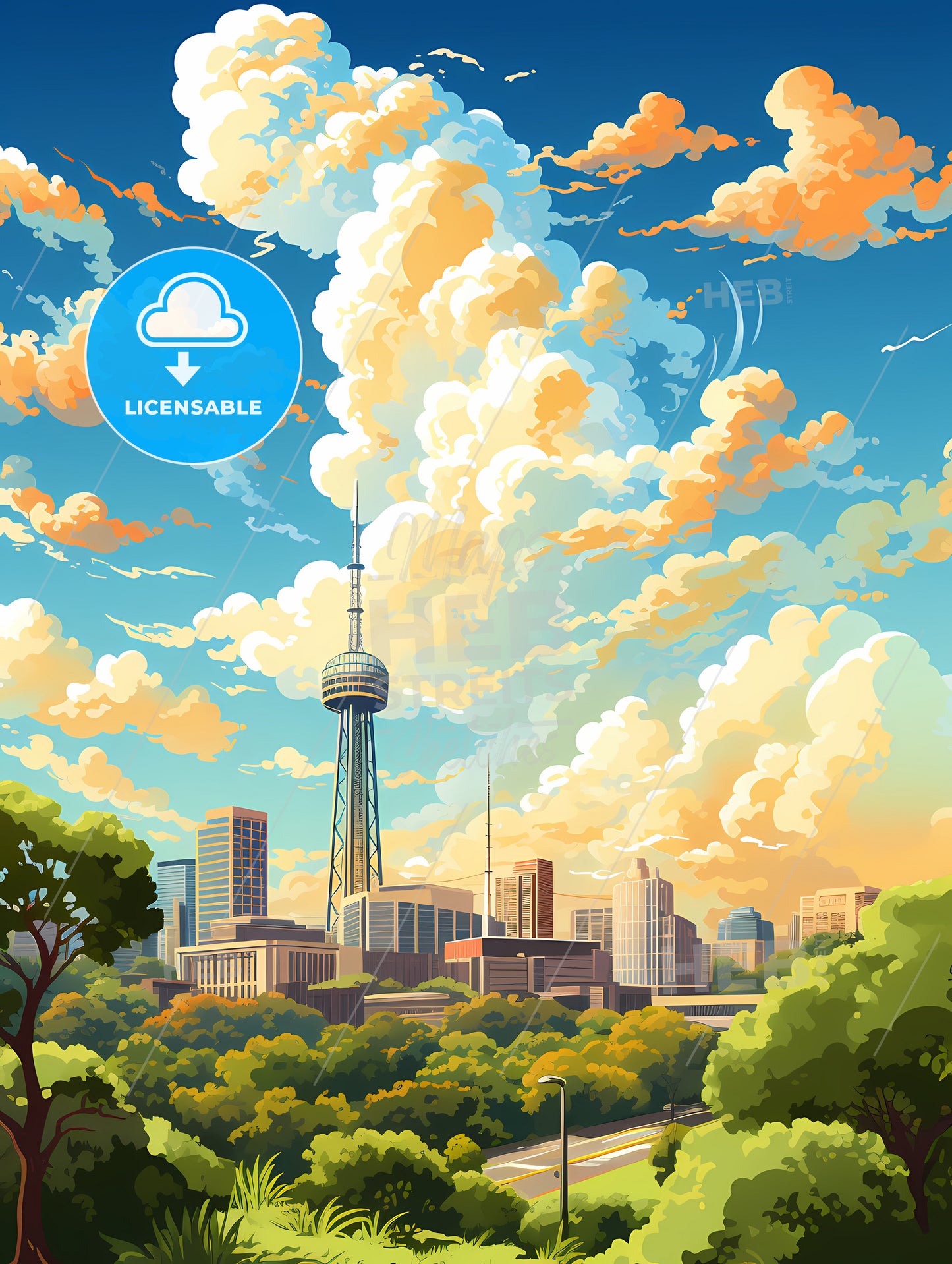 A City Landscape With Trees And A Tower