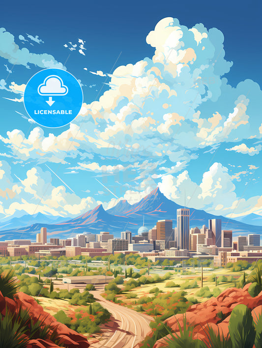 A City Landscape With Mountains In The Background