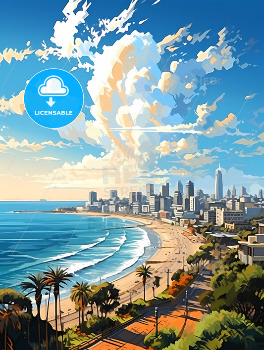 A Beach With A City And A Body Of Water