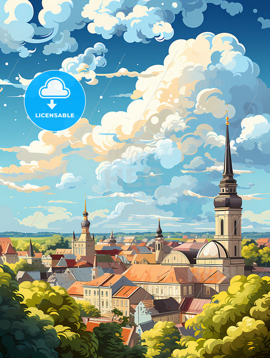 A City With A Tower And Trees