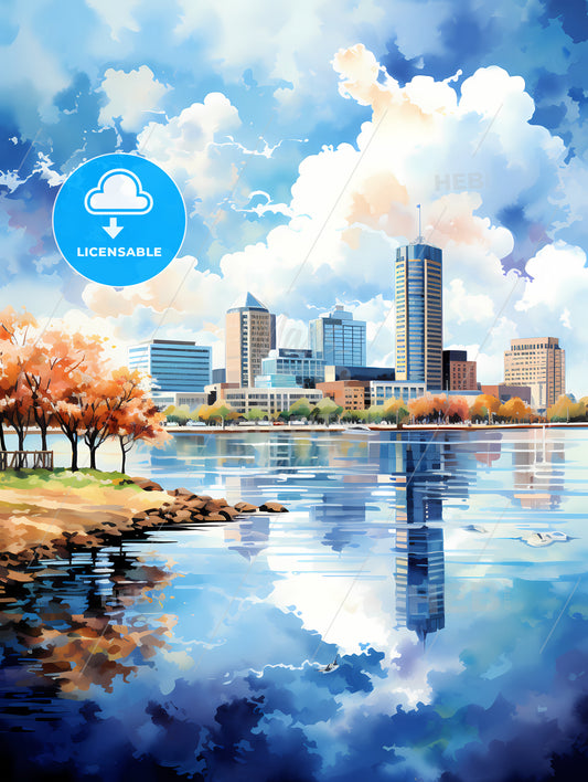 A Watercolor Of A City With Trees And A Body Of Water