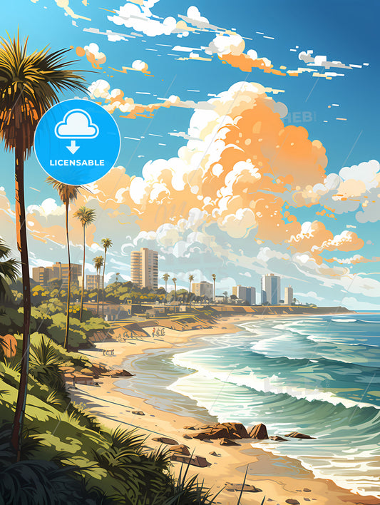 A Beach With Palm Trees And A City In The Background