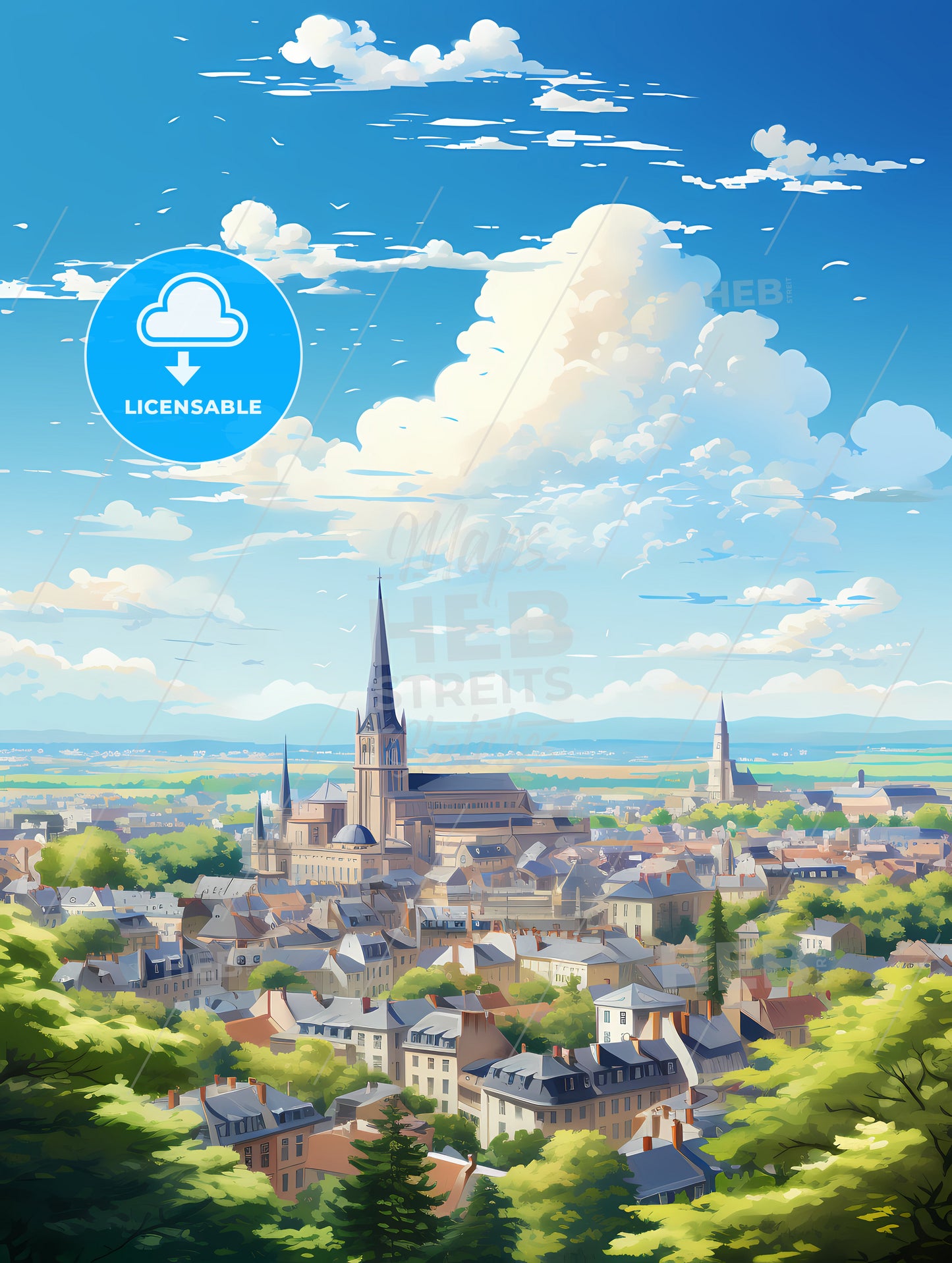 A City With A Steeple And Trees