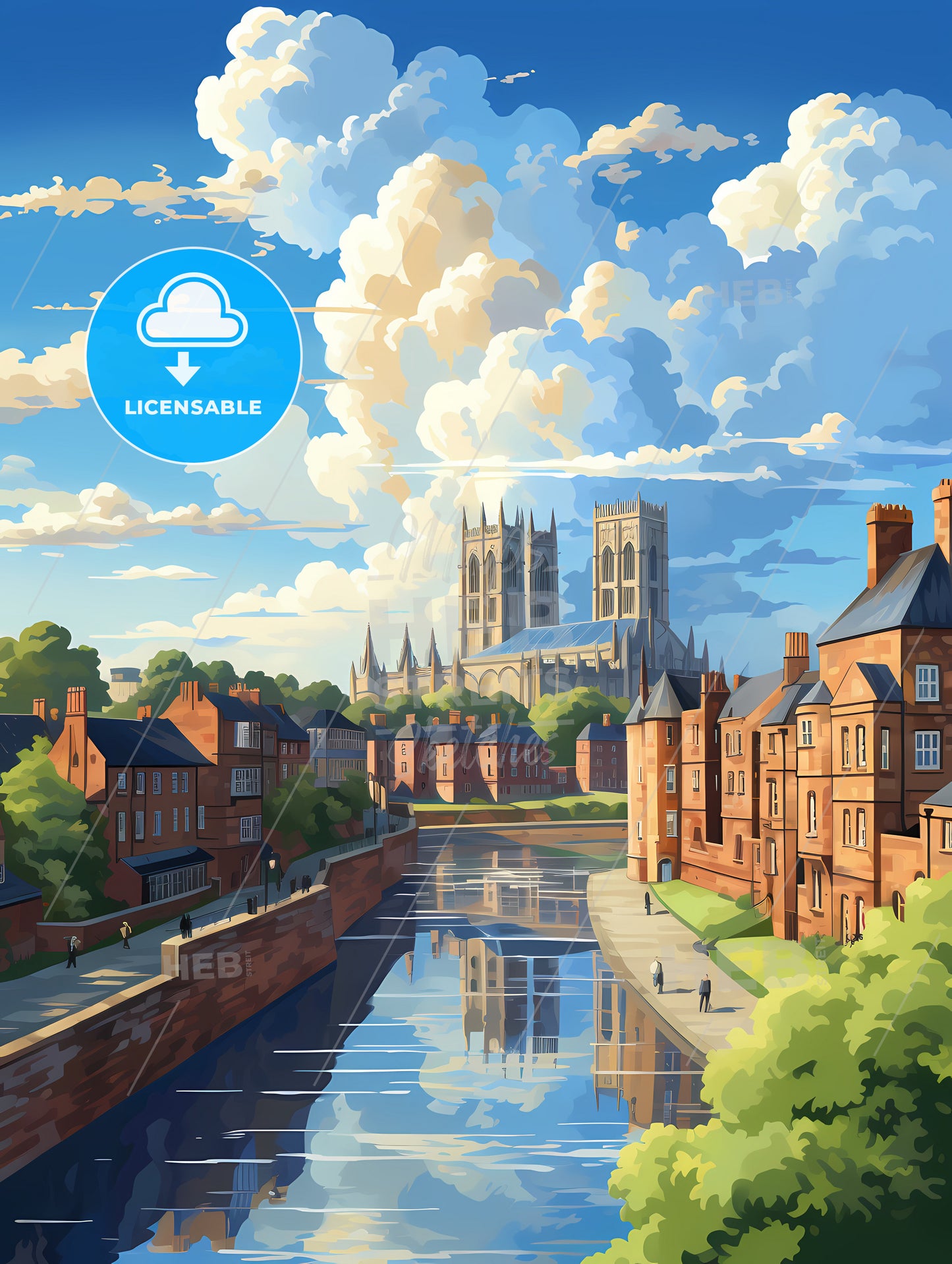 A River With A Body Of Water And Buildings And A Church