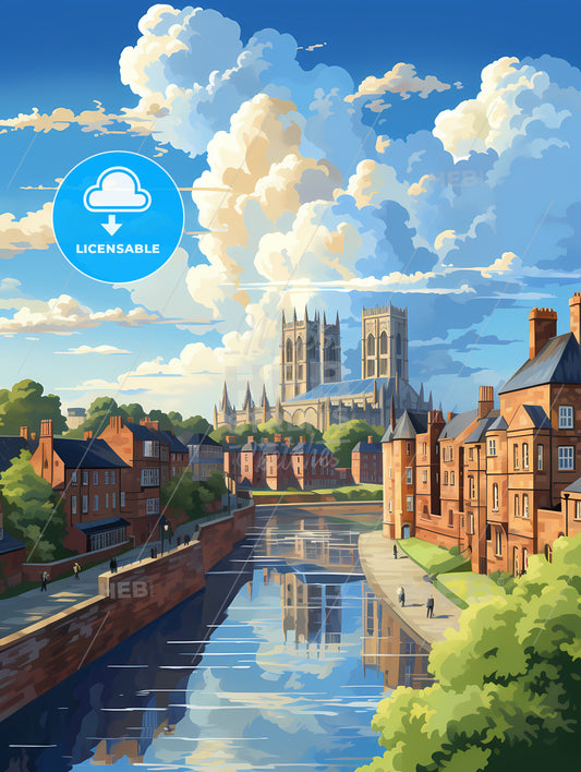 A River With A Body Of Water And Buildings And A Church