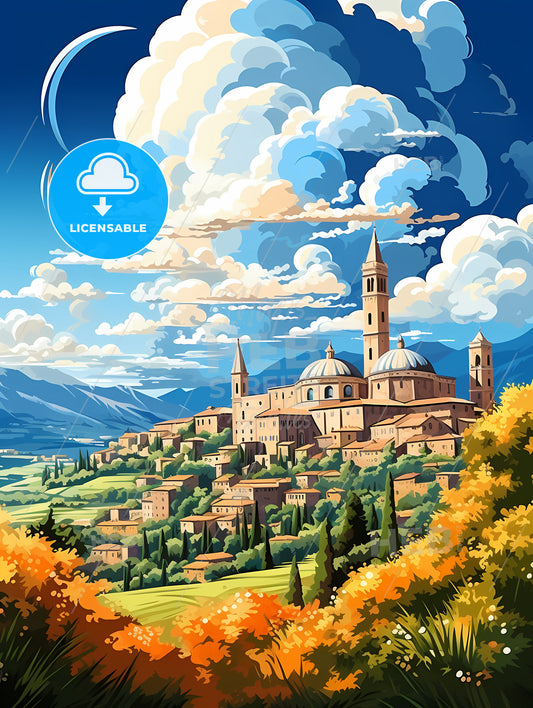 A Painting Of A Town With A Tower And Trees