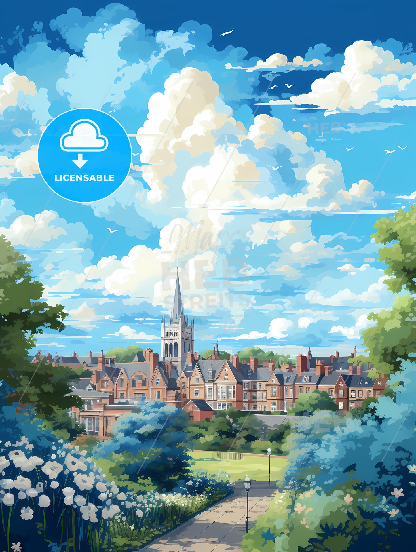 A Landscape Of A Town With Trees And A Church