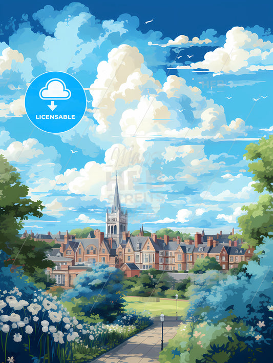 A Landscape Of A Town With Trees And A Church