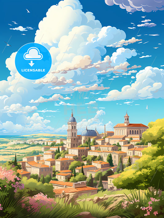 A Landscape Of A Town With Trees And Buildings