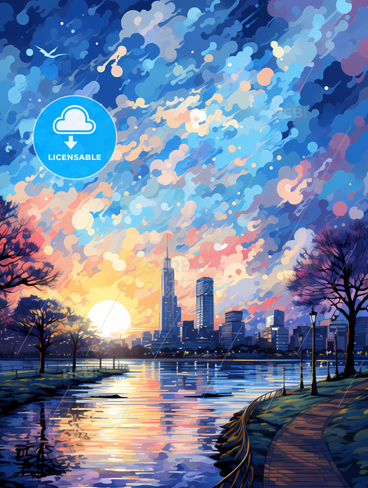 A Water Body With Trees And A City In The Background