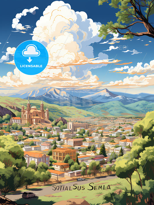 A Landscape Of A Town With A Castle And Mountains