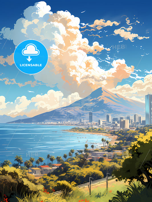 A Landscape Of A City And A Mountain