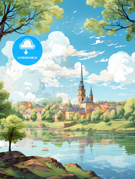 A Landscape Of A Town With A Lake And Trees