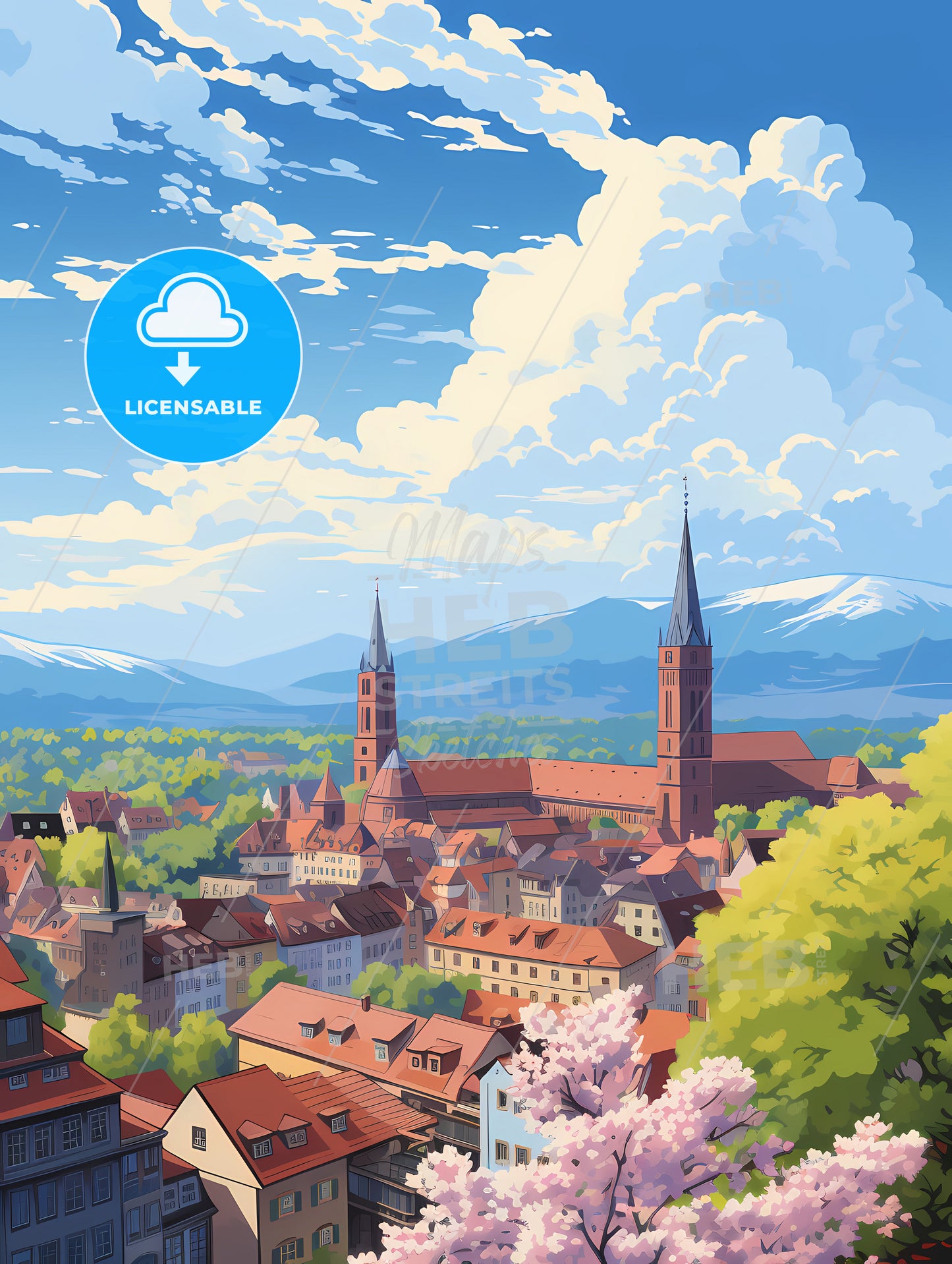 A City With Red Roofs And Trees And Mountains In The Background