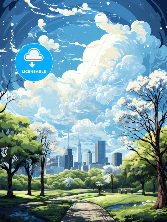 A Cityscape With Trees And A Blue Sky