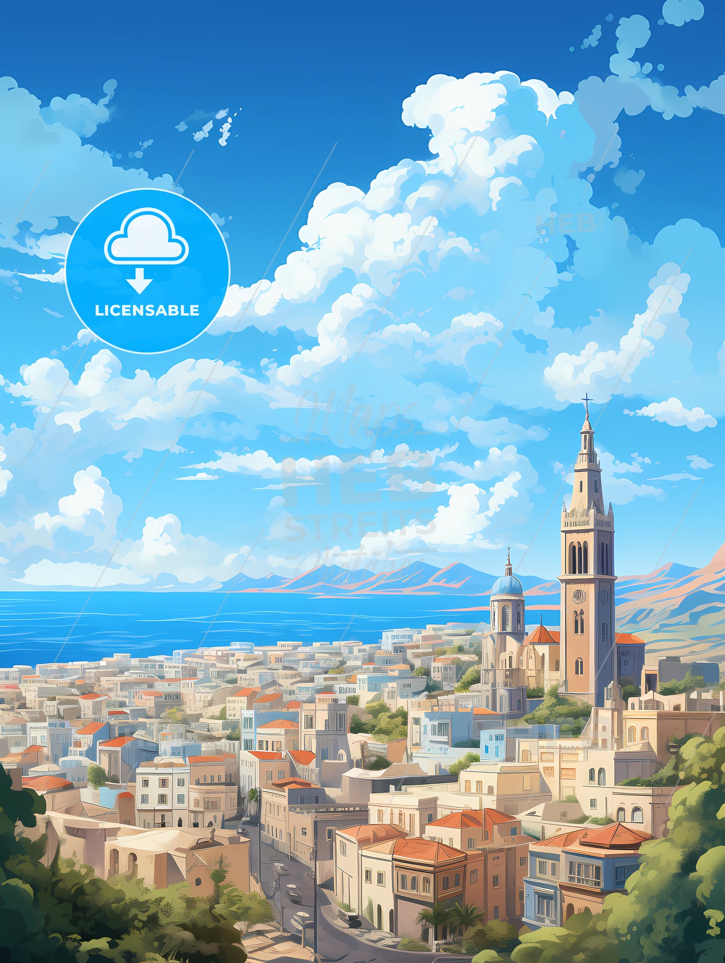 A City With A Tower And A Body Of Water