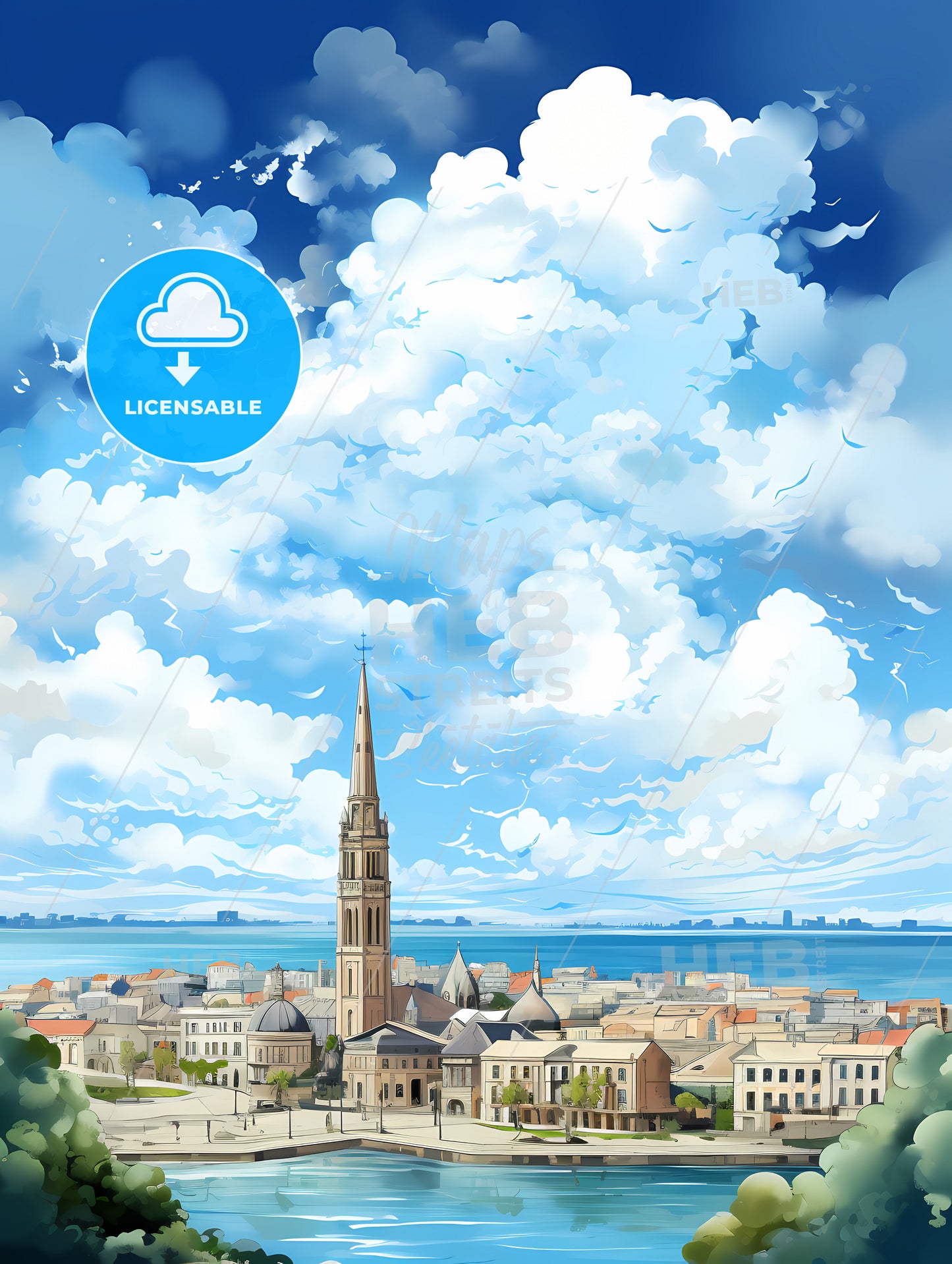 A City With A Tall Tower And A Body Of Water