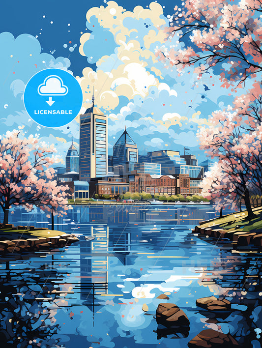 A Water Body With Trees And Buildings In The Background