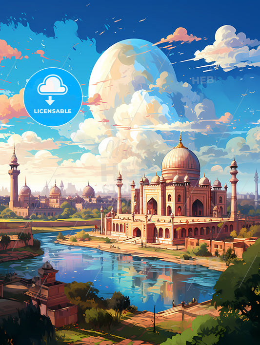 A Large Building With Towers And A River