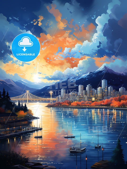 A City By A River With A Bridge And Mountains In The Background