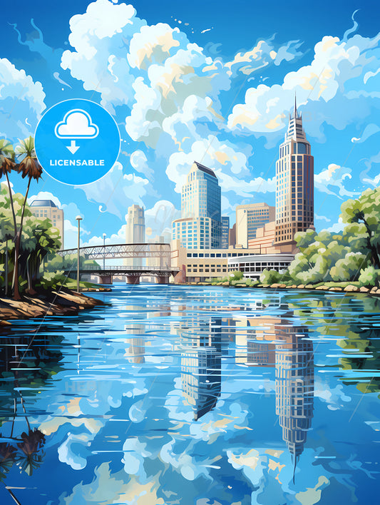 A Water Body Of Water With Trees And Buildings In The Background