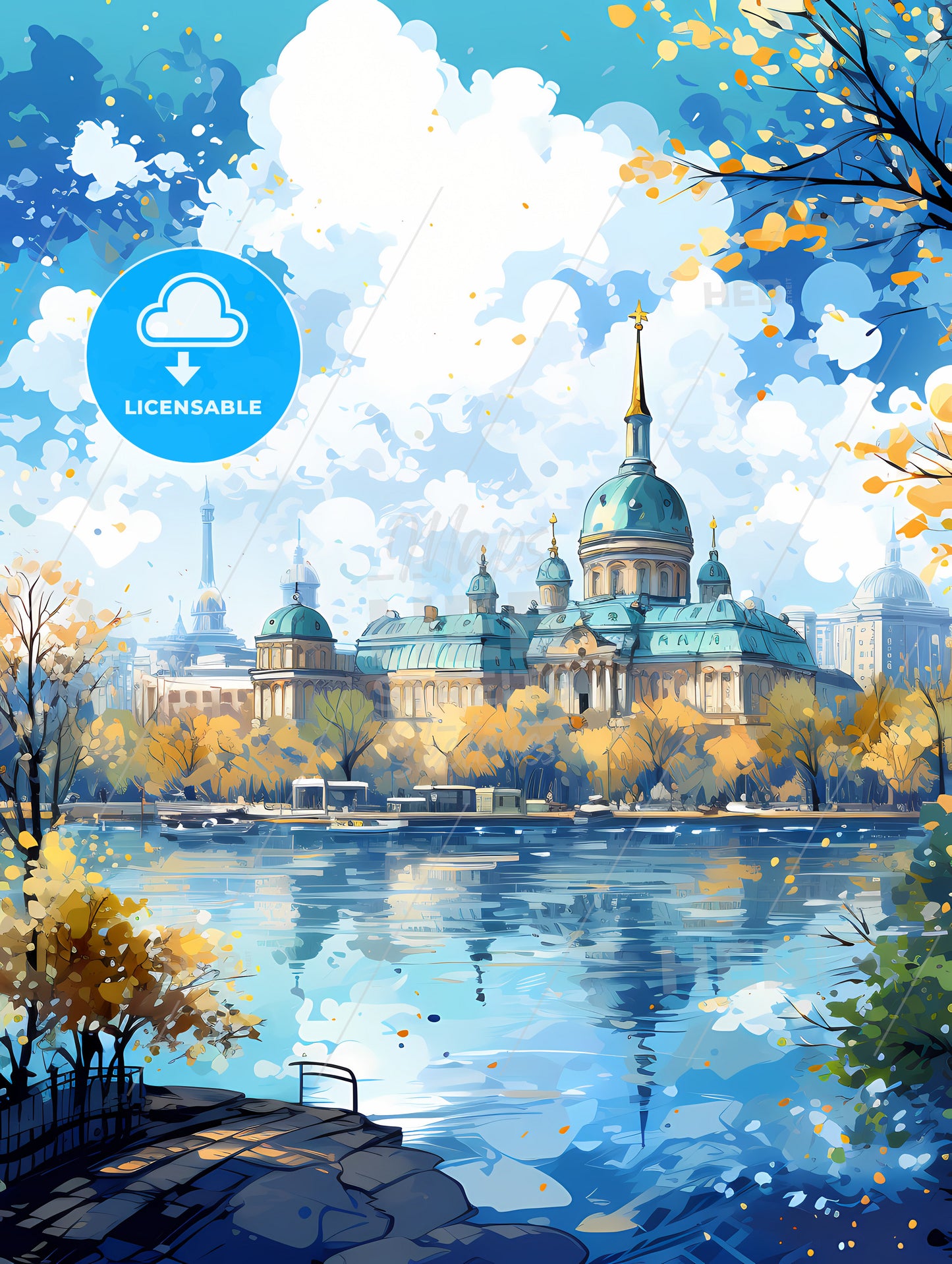 A Building With A Blue Roof And A Blue Sky With Clouds