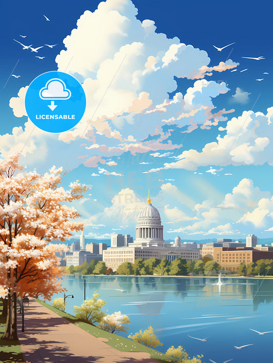 A Water Body With A Building And Trees