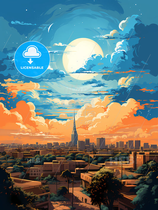 A City With Trees And A Large Moon In The Sky