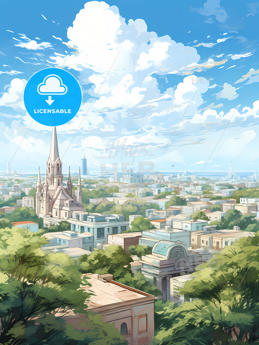 A City With A Tall Spire And Trees